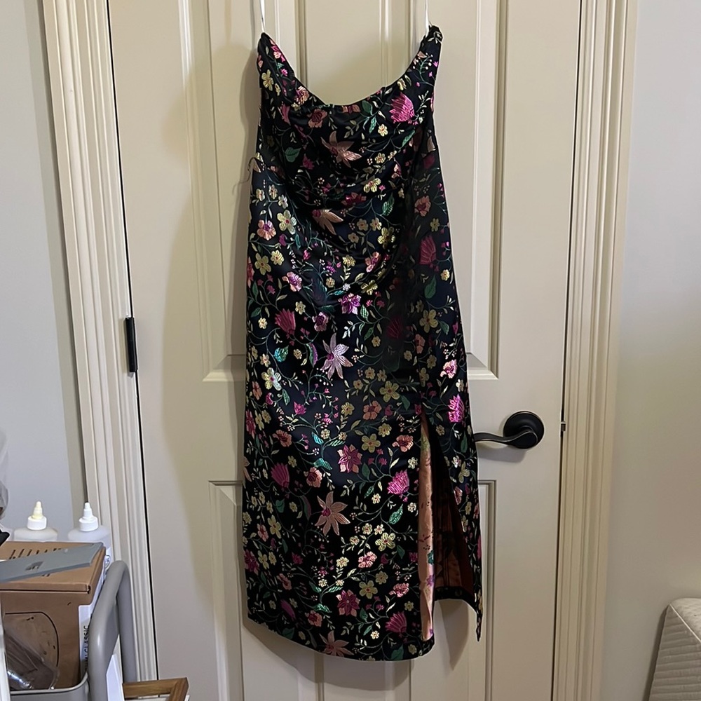 Lulu's Black Floral Midi Dress with Pink & Green Accents